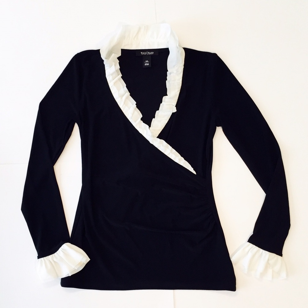 Vera Wang Black Long-Sleeve Wrap Top with White Ruffle Trim